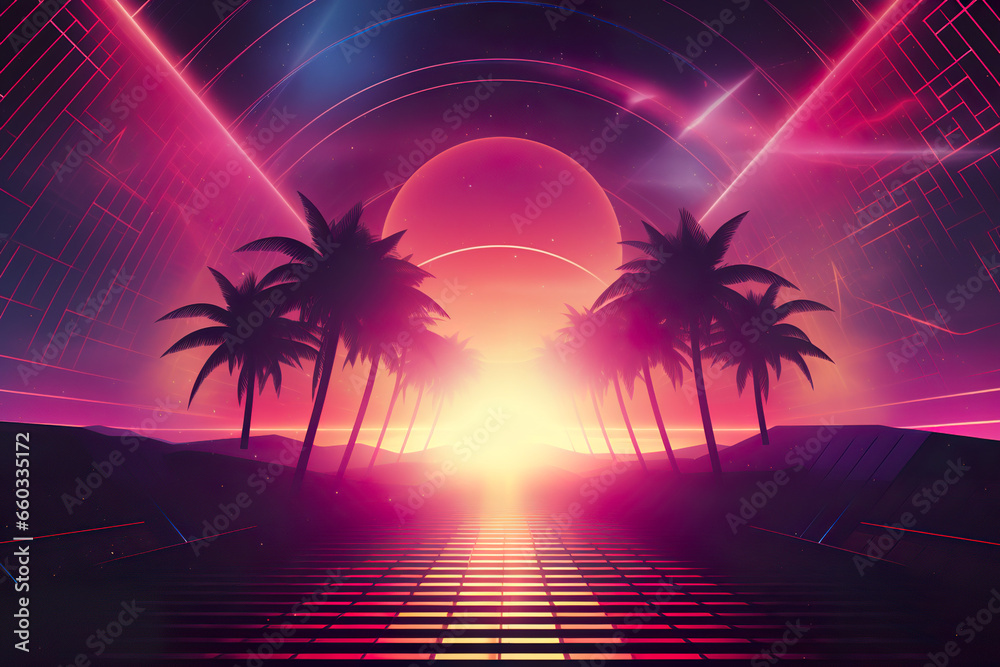 Naklejka premium 80s themed background, wallpaper for videos with Generative AI