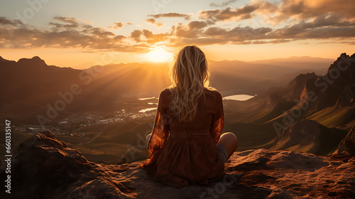 Young Woman Gazing at Sunset from a Mountain © L