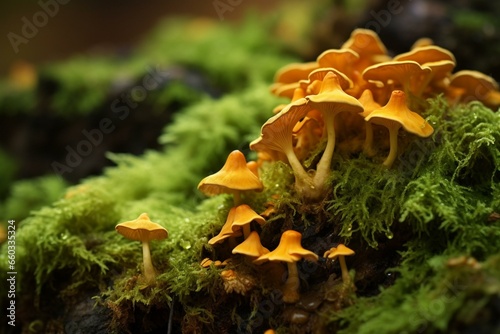 Close-up of moss-covered chanterelle mushrooms. Generative AI