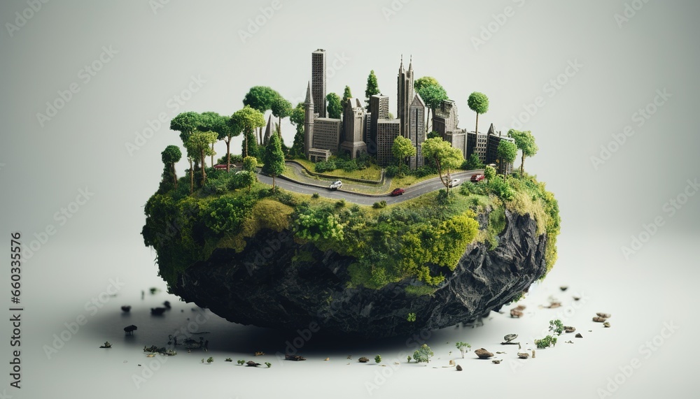 Miniature of a globe brutalist city and nature, white background,  brutalist architecture and nature. Generative AI