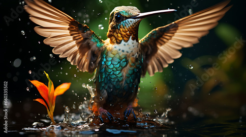 Colorful Hummingbird Emerging from Water