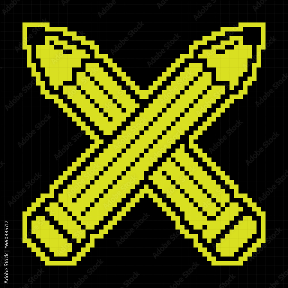 Pixel silhouette icon. Crossed school pencils. School stationery. Simple black and yellow vector Pixel silhouette icon. Crossed school pencils. School stationery. Simple black and yellow vector