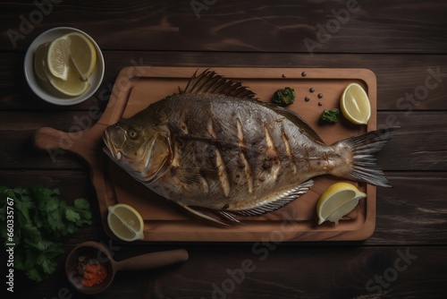 Papier peint top view of grilled flounder, fish on plate, dark style food photography, menu r