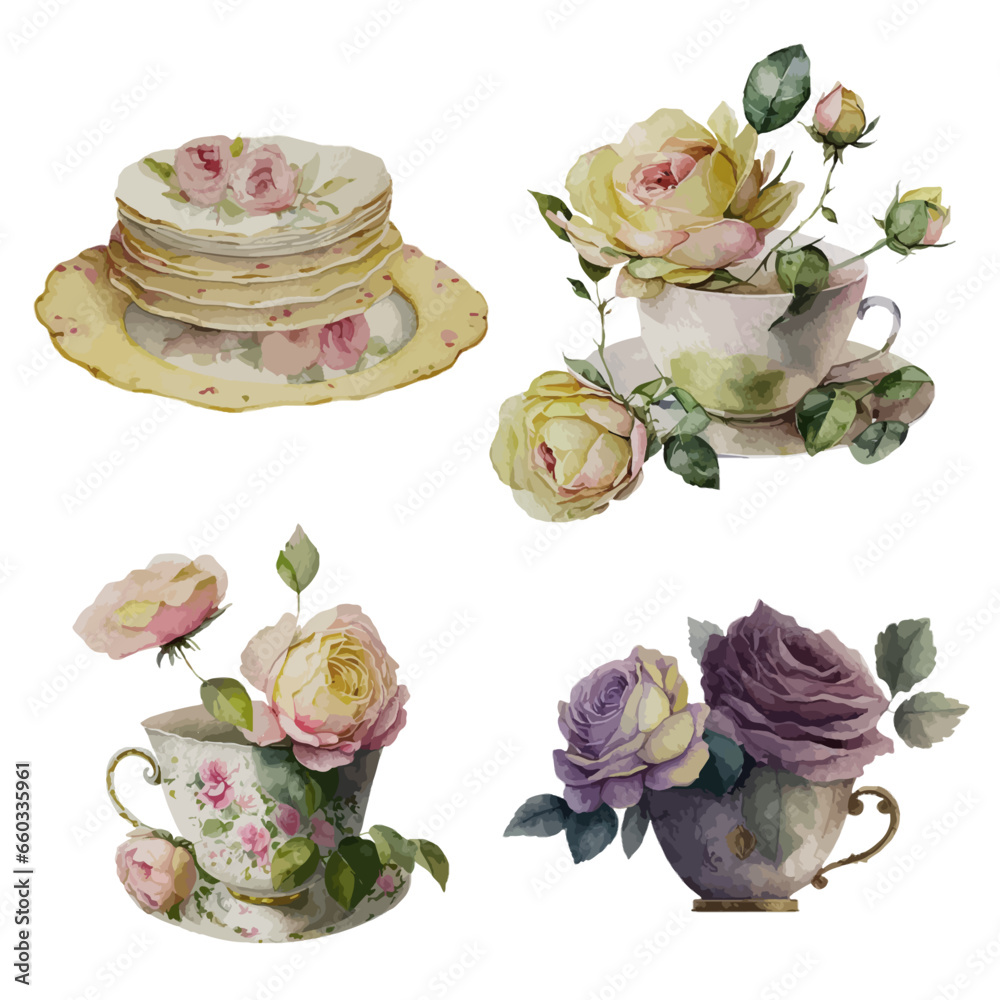 Watercolor vector vintage yellow, pink, purple bouquet of roses in teacup and plates, on white background for making cards, invitation, decoration, greeting design, birthday, holiday, seasonal decor. - obrazy, fototapety, plakaty 