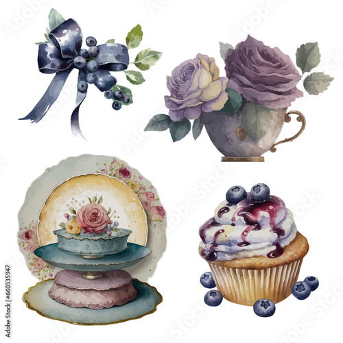 Watercolor vector purple floral design elements and vintage plates, on white background for making cards, invitation, decoration, greeting design, birthday, holiday, seasonal decor