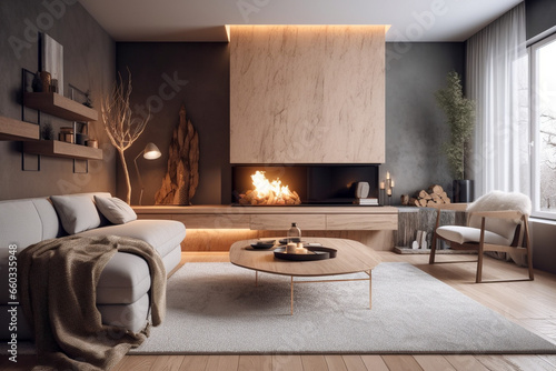 Modern living room interior desing with fireplace. Pastel pink colors