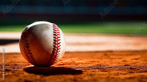 Closeup of baseball ball on ground