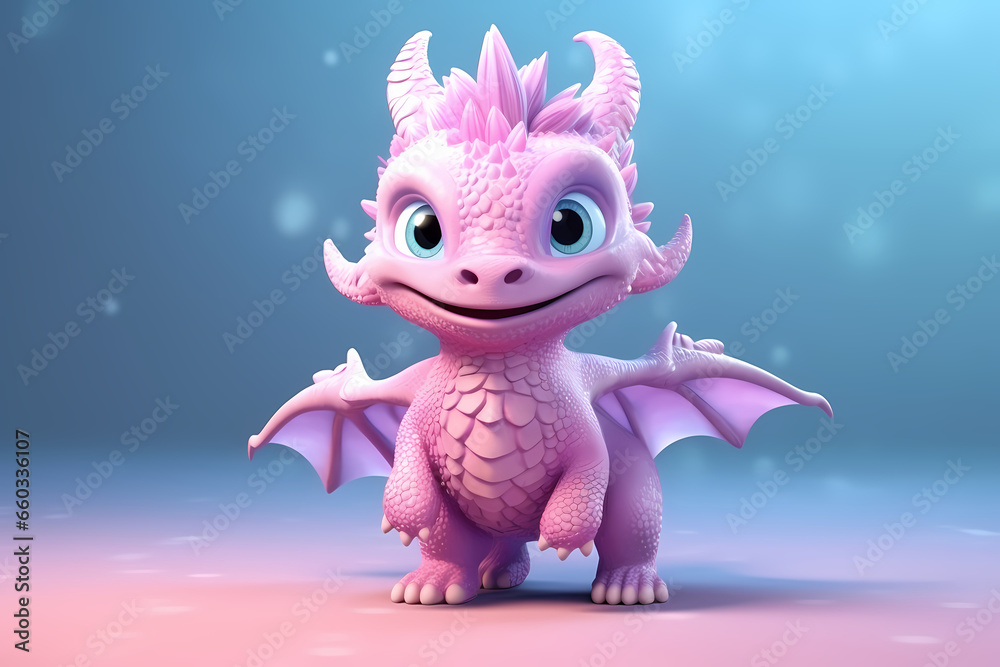 Colorful pink baby dragon in a modern 3D animation style. Cute and adorable mythical 