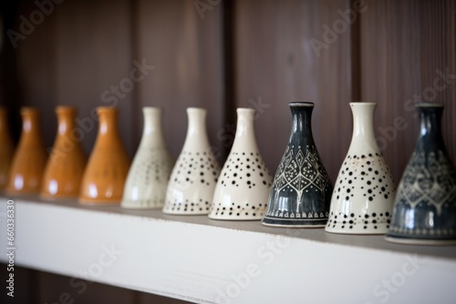 row of ceramic bells on a shelf