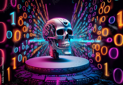 Robotic style metallic skull placed on a numeric binary code background with multicolored neon lights. concept of future, science fiction, computer science, programming code, human evolution.