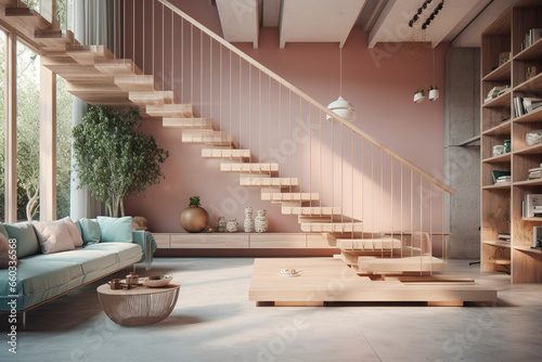Modern living room interior design with stairs, pink pastel colors © Anna
