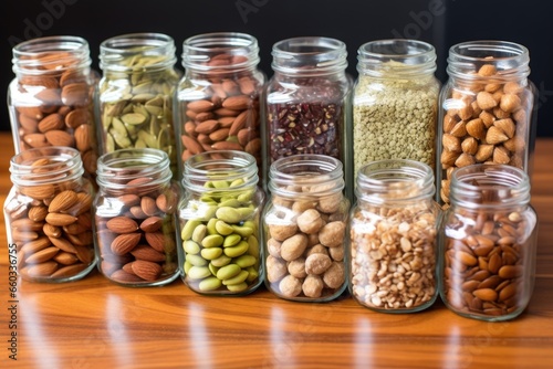 nut and seed collection in small, clear jars
