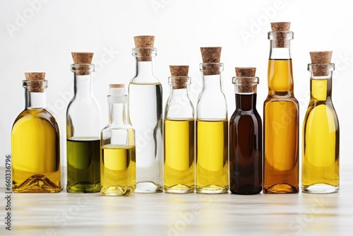 different types of oil bottles in a lined row