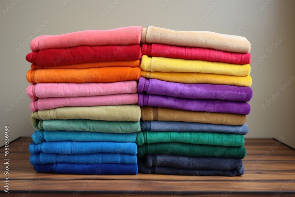 set of colorful weighted blankets folded neatly set of colorful weighted blankets folded neatly