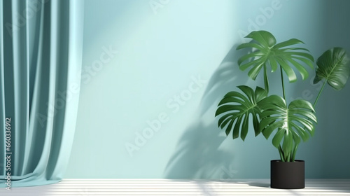 Minimal abstract light blue background for product presentation, Shadow of tropical leaves and curtains window on plaster wall © alisaaa