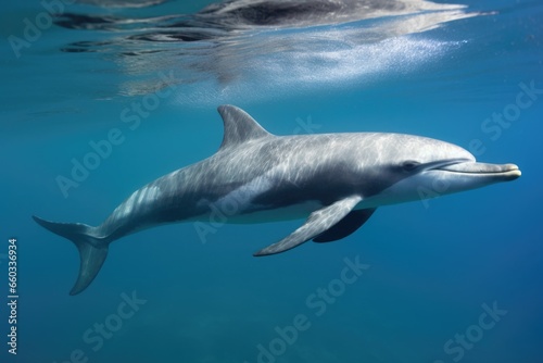 dolphin mother with calf, swimming side by side in clear waters