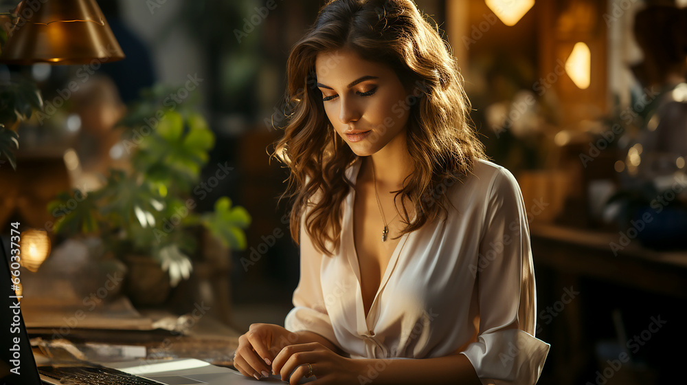 A young attractive girl works at a laptop indoors A young attractive girl works at a laptop indoors
