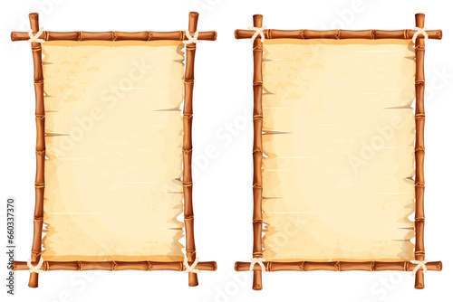 Set Bamboo frames with old parchment paper decorated with rope in cartoon style isolated on white background. Game ui board, sign