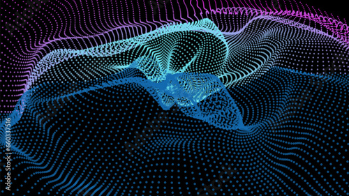 Energy net flows. Dot particle lines penetrating fog. Neon lights plexus of knots. Curved node row space infinity. Linking funnel universe parameters. Background information technology presentation.