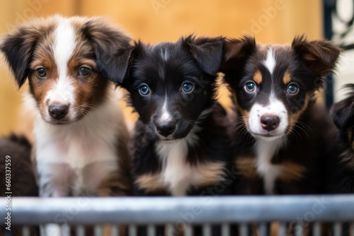 puppies of different breeds in individual cages at a shelter