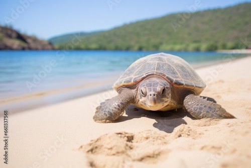 a turtle slowly walking on a sandy beach © altitudevisual