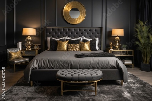 A sophisticated and stylish bedroom featuring a blend of gold and grey colors. Generative AI © Endellion