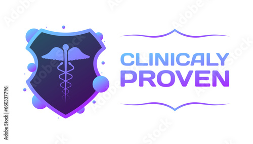 Clinical proven sign. Flat, purple, medicine icon in a shield, clinical proven. Vector icon