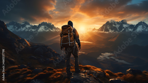 Hiker Observing the Setting Sun from a Mountaintop © L