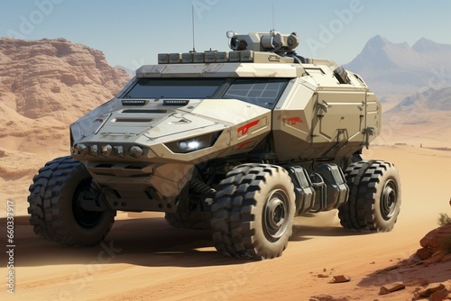Futuristic armored car on a dirt road with infantry vehicles and personnel carriers. Generative AI