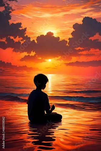 The silhouette of a young boy stands in a posture of prayer and adoration against the backdrop of a breathtaking sunset over the sea. The golden hues of the sun s descent cast a warm glow on the water
