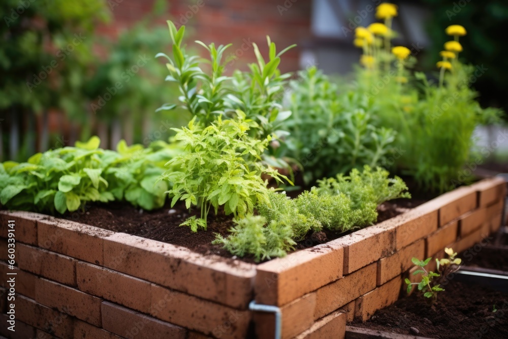 bricks designed raised bed with medicinal plants