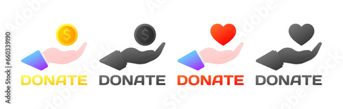 Donate icons. Different styles, color, coin in hand, heart in hand, donation icons. Vector icons