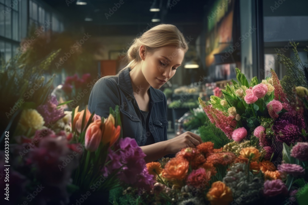 Florist working shop. Flowers bouquets store with female florist seller. Generate ai