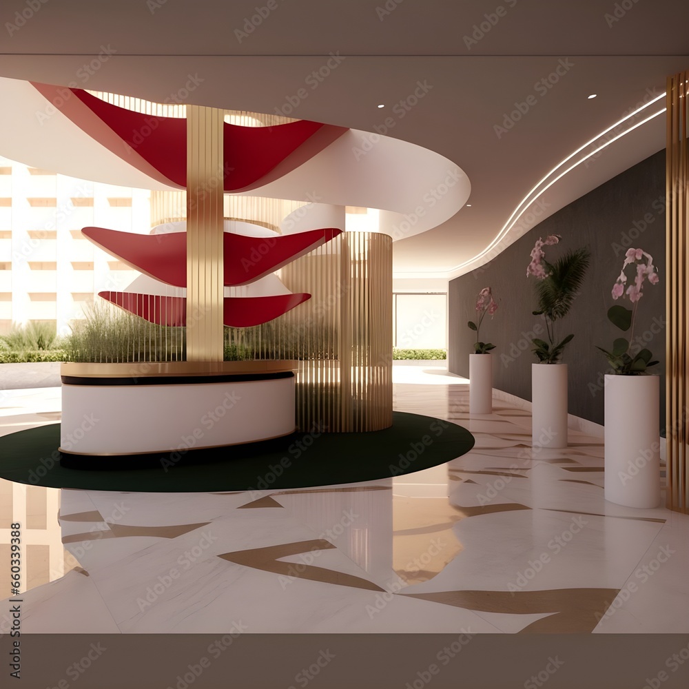 A sleek modern reception area for a luxury hotel inspired by the ...