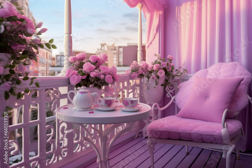 Cozy glamour balcony with pink flowers and sofa with pillows. Modern interior design