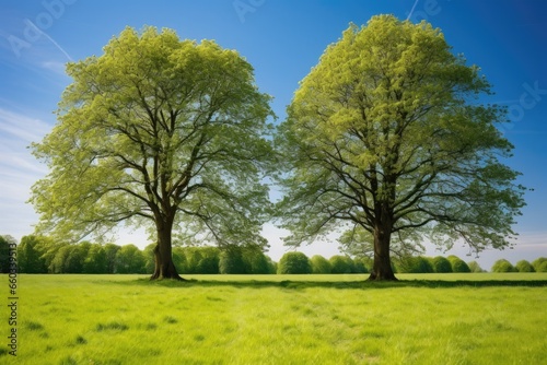 two intertwined trees standing tall in a sunny meadow