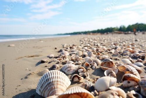 clustered seashells at the beach during low tide