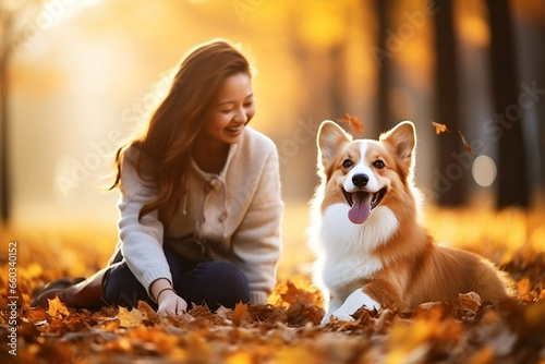 Young corgi puppy sits next to its owner in yellow-orange foliage. Selective focus. Walking in the fresh air with your favorite pet. Pet care. Close-up. Copy space. Generative AI