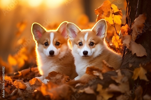 Pets, two cute corgi puppies lie in the autumn leaves in the park. Walks in the fresh air with your favorite pets. Sunset.Pet care.Close-up. Copy space. Generative AI © Irina Ermakova