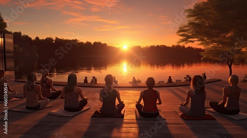 A serene lakeside yoga class at sunset ultra realistic illustration - Generative AI.