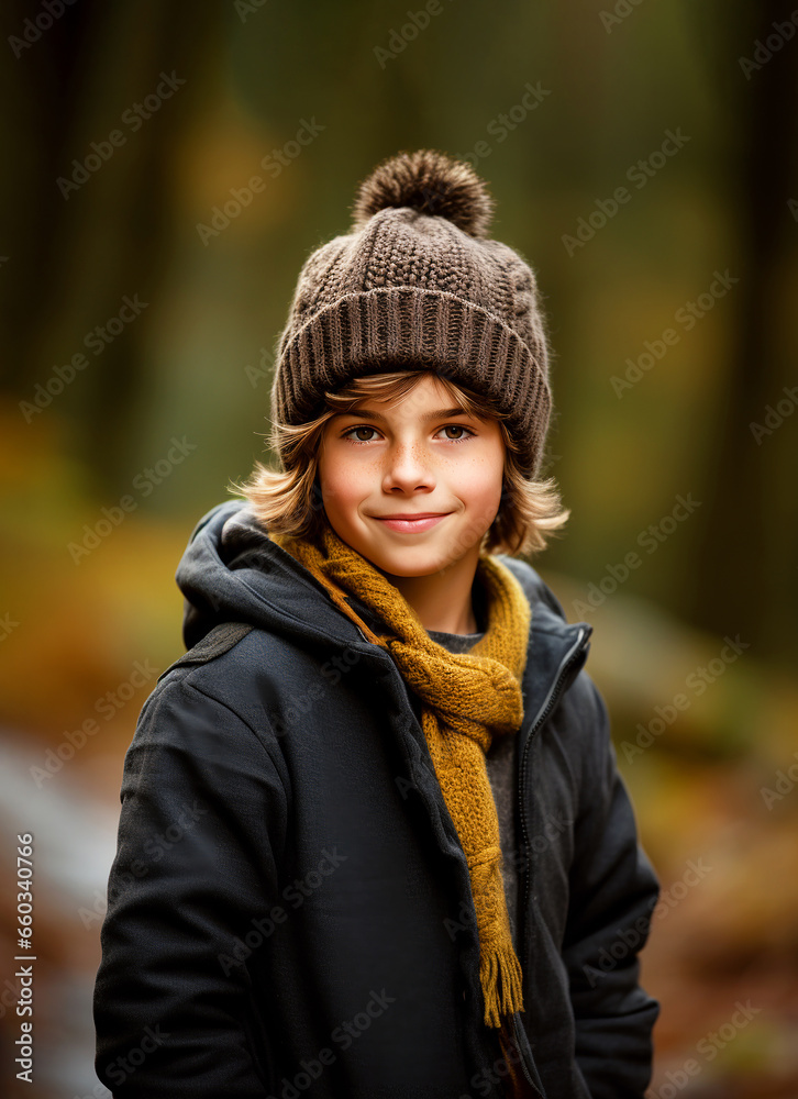 Portrait of smiling 10 years old boy in jacket and hat against backdrop of an autumn forest. Concept: autumn holidays, walks in nature, healthy lifestyle.Vertical. Generative AI. Portrait of smiling 10 years old boy in jacket and hat against backdrop of an autumn forest. Concept: autumn holidays, walks in nature, healthy lifestyle.Vertical. Generative AI.