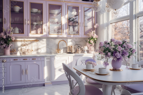 Cozy glamour kitchen with pink colors.. Modern interior design