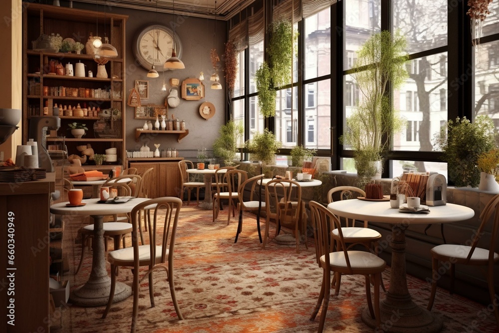 3D rendering of a charming café with a cozy interior. Generative AI