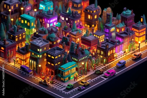 vibrant 3D illuminated metropolitan roads, dwellings, and vehicles. Generative AI