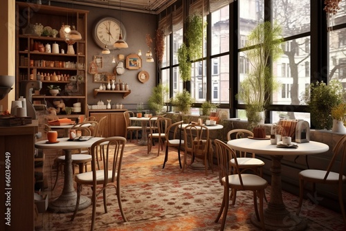 3D rendering of a charming café with a cozy interior. Generative AI © Jax