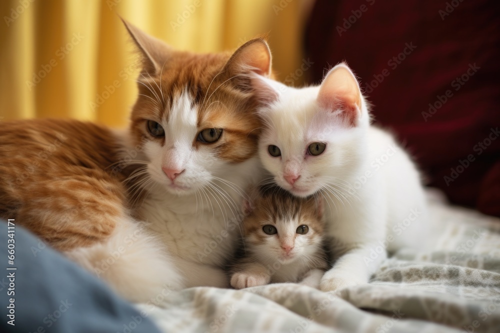 domestic cats caring for kittens in a comfy setting