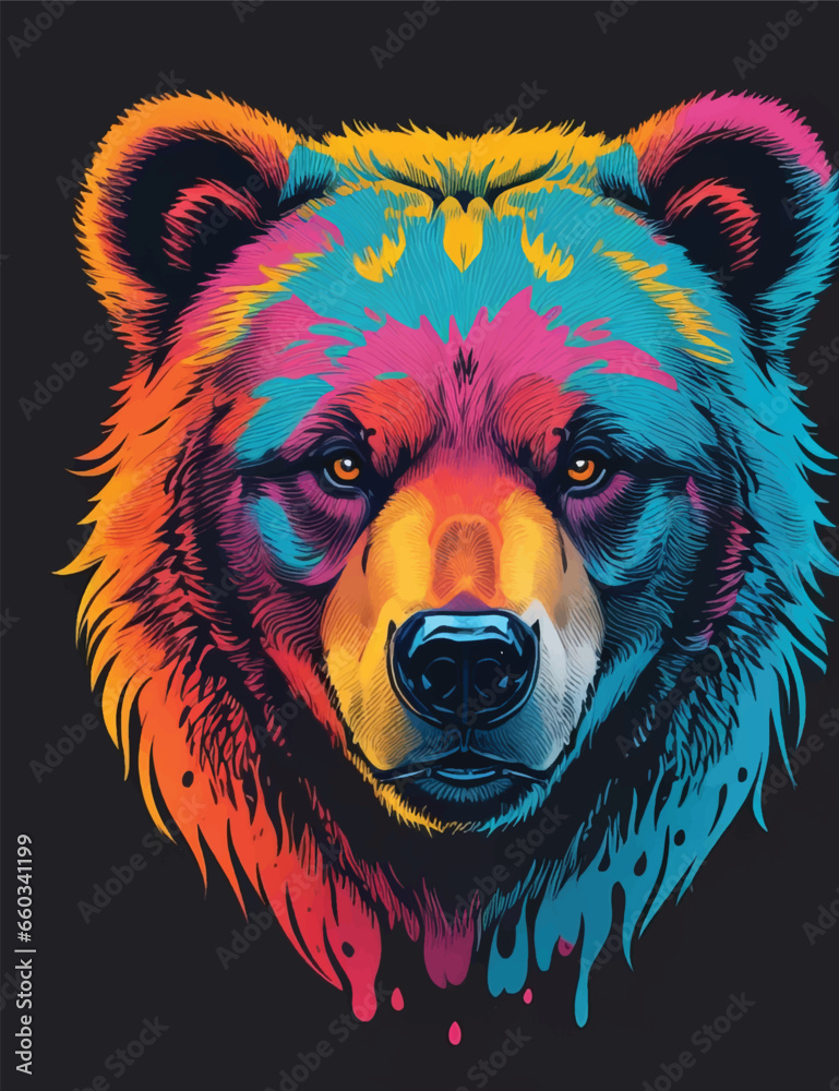 Bear face in colorful neon art design vector illustration. Prismatic Paws: Neon Bear Face Splendor.