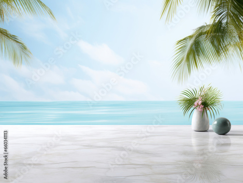 Marble podium with beach background for product showcase