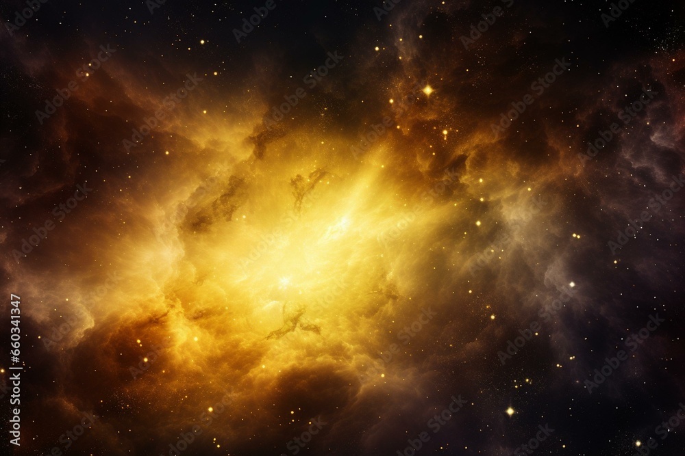 Illustration of a yellow nebula on a galaxy background. Generative AI