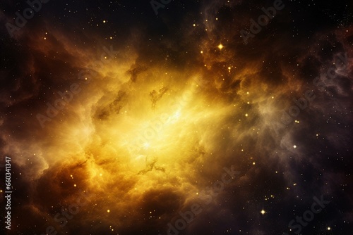 Illustration of a yellow nebula on a galaxy background. Generative AI